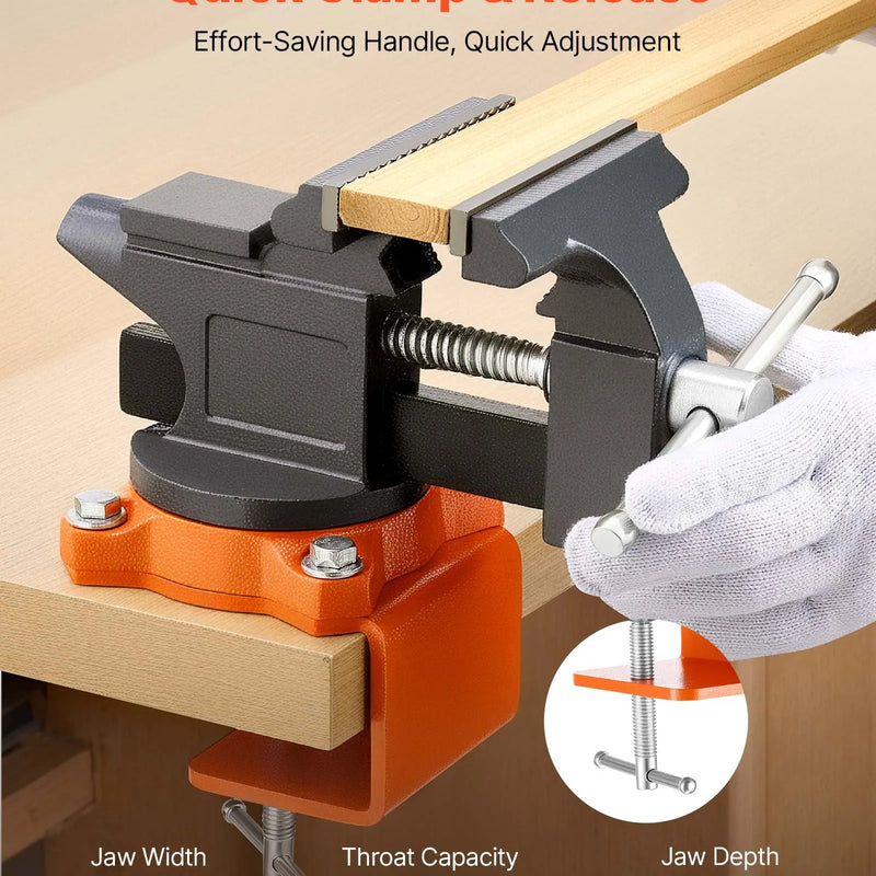 VEVOR darbagalda skrūvspīles 114 mm ar 270° rotējošu pamatni, ātrās atbrīvošanas mehānismu un čuguna konstrukciju, piemērotas kokapstrādei, metālapstrādei, urbšanai, zāģēšanai un cauruļu griešanai
