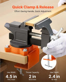 VEVOR darbagalda skrūvspīles 114 mm ar 270° rotējošu pamatni, ātrās atbrīvošanas mehānismu un čuguna konstrukciju, piemērotas kokapstrādei, metālapstrādei, urbšanai, zāģēšanai un cauruļu griešanai