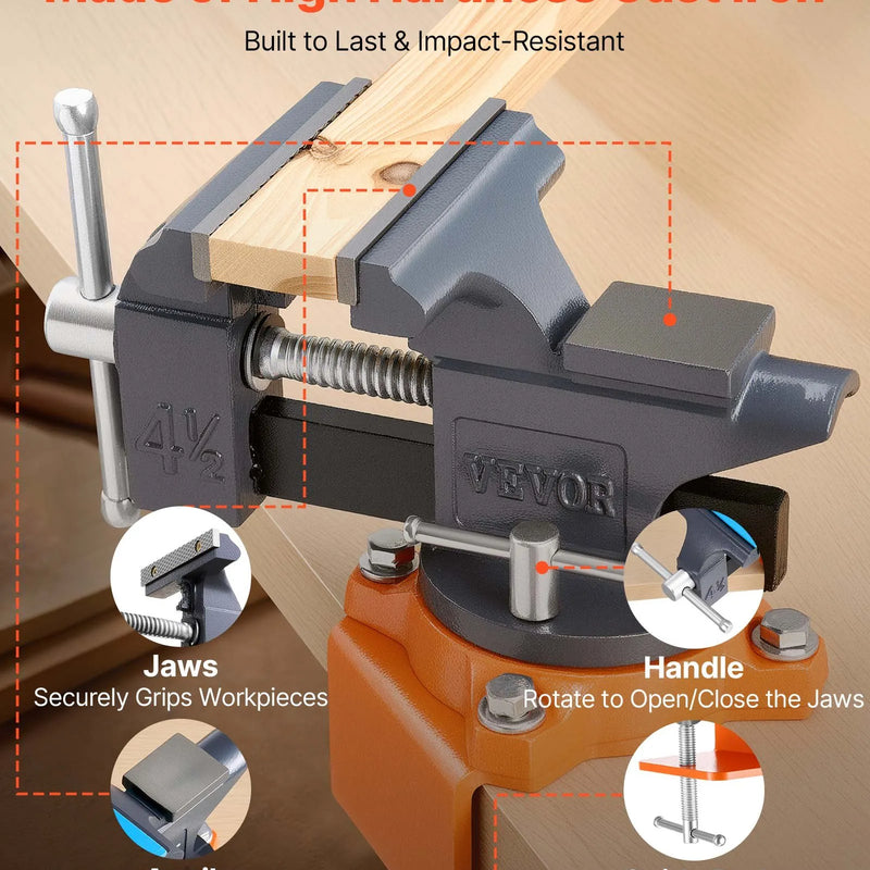 VEVOR darbagalda skrūvspīles 114 mm ar 270° rotējošu pamatni, ātrās atbrīvošanas mehānismu un čuguna konstrukciju, piemērotas kokapstrādei, metālapstrādei, urbšanai, zāģēšanai un cauruļu griešanai