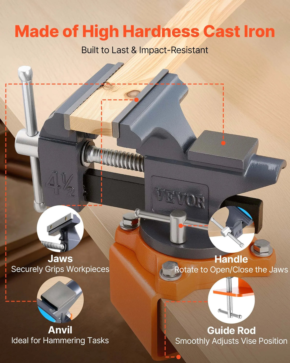 VEVOR Bench Vise 114 mm with 270° Swivel Base and Quick Release, Cast Iron, Pipe Jaws