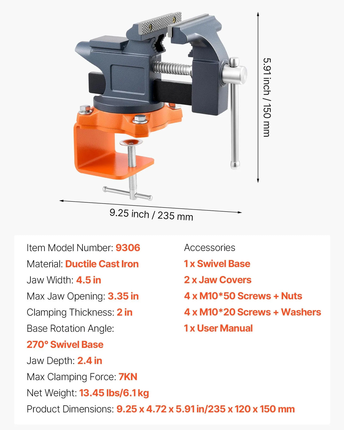 VEVOR Bench Vise 114 mm with 270° Swivel Base and Quick Release, Cast Iron, Pipe Jaws