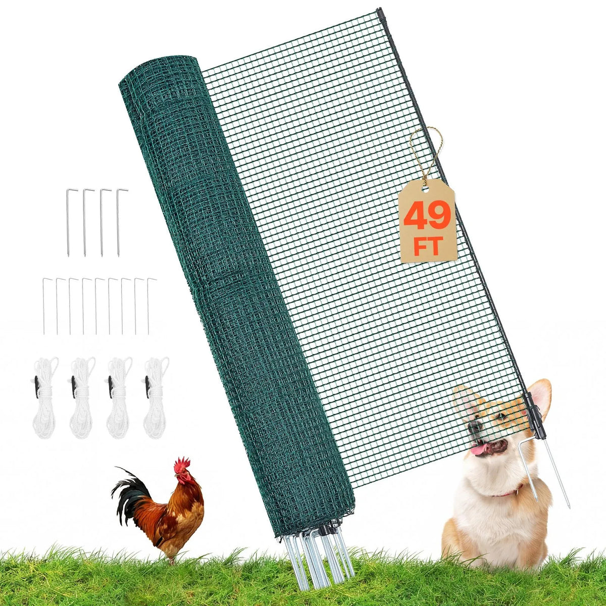 VEVOR pagaidu žogs ar stabiem, 0,9 x 15 m plastmasas sieta žogs ar dubultajiem mietiem un nostiprināšanas virvēm, piemērots suņiem, vistām, augiem un āra teritorijām - ZEMLETES.LV