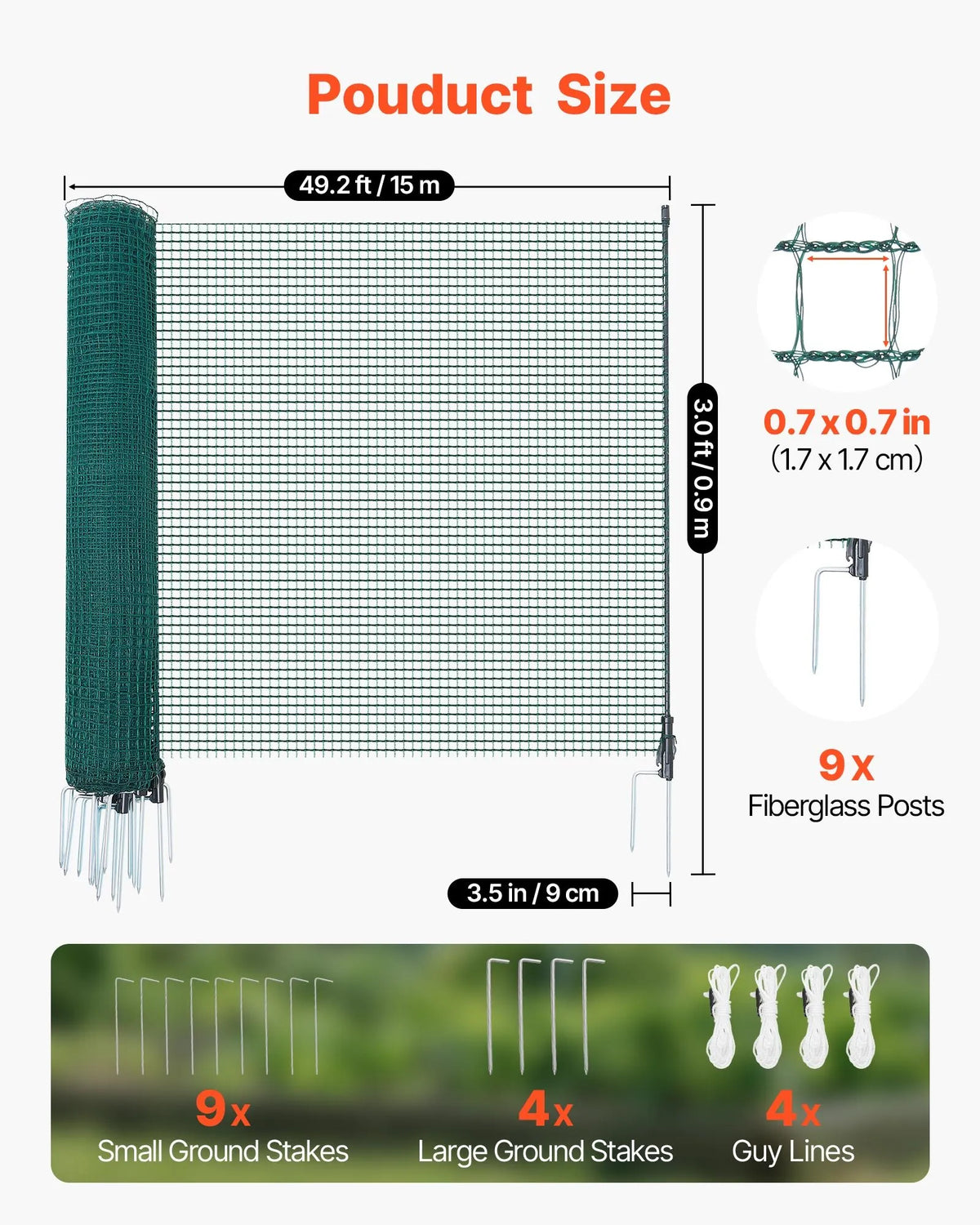 VEVOR pagaidu žogs ar stabiem, 0,9 x 15 m plastmasas sieta žogs ar dubultajiem mietiem un nostiprināšanas virvēm, piemērots suņiem, vistām, augiem un āra teritorijām - ZEMLETES.LV