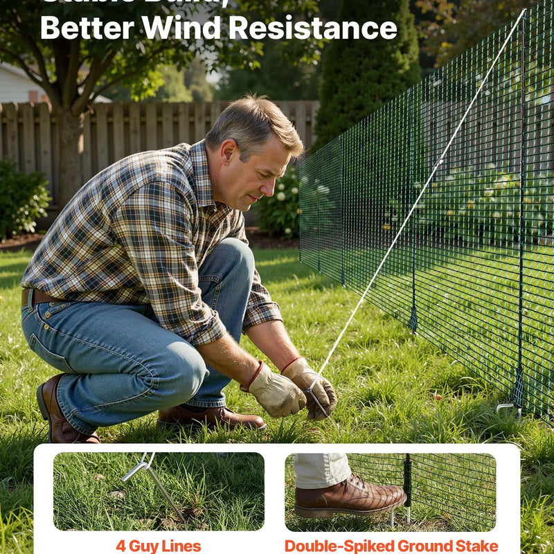 VEVOR pagaidu žogs ar stabiem, 0,9 x 15 m plastmasas sieta žogs ar dubultajiem mietiem un nostiprināšanas virvēm, piemērots suņiem, vistām, augiem un āra teritorijām - ZEMLETES.LV