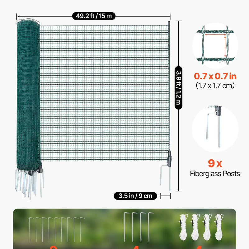 VEVOR pagaidu žogs ar stabiem, 1,2 x 15 m plastmasas sieta žogs ar dubultajiem mietiem un nostiprināšanas virvēm, piemērots suņiem, vistām, augiem un āra teritorijām - ZEMLETES.LV