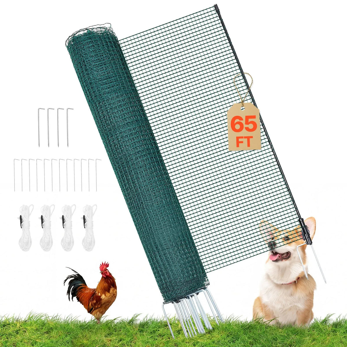 VEVOR pagaidu žogs ar stabiem, 0,9 x 20 m plastmasas sieta žogs ar dubultajiem mietiem un nostiprināšanas virvēm, piemērots suņiem, vistām, augiem un āra teritorijām - ZEMLETES.LV