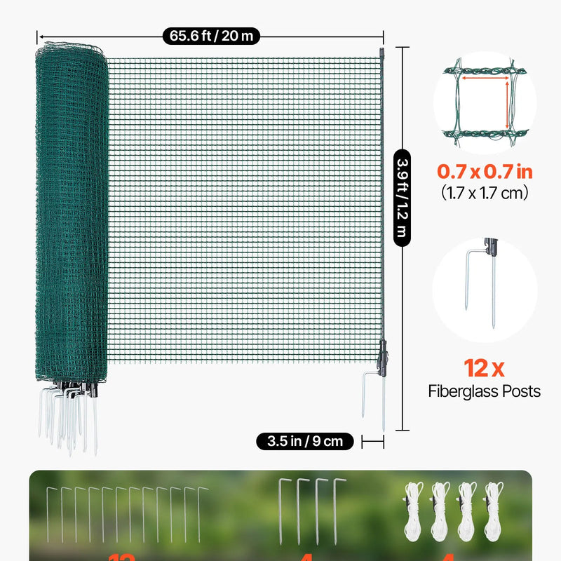 VEVOR pagaidu žogs ar stabiem, 1,2 x 20 m plastmasas sieta žogs ar dubultajiem mietiem un nostiprināšanas virvēm, piemērots suņiem, vistām, augiem un āra teritorijām - ZEMLETES.LV