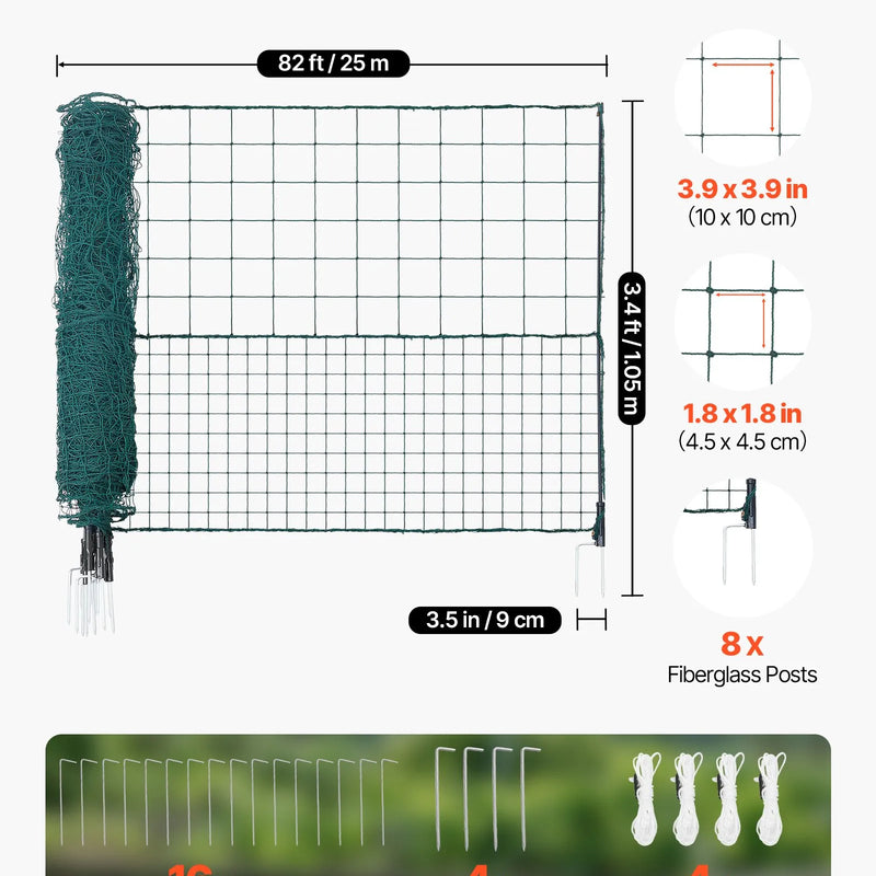 VEVOR pagaidu žogs ar stabiem, 1,05 x 25 m plastmasas sieta žogs ar dubultajiem mietiem un nostiprināšanas virvēm, piemērots suņiem, vistām, augiem un āra teritorijām - ZEMLETES.LV