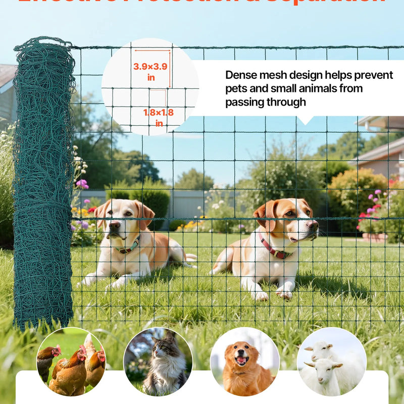 VEVOR pagaidu žogs ar stabiem, 1,05 x 25 m plastmasas sieta žogs ar dubultajiem mietiem un nostiprināšanas virvēm, piemērots suņiem, vistām, augiem un āra teritorijām - ZEMLETES.LV