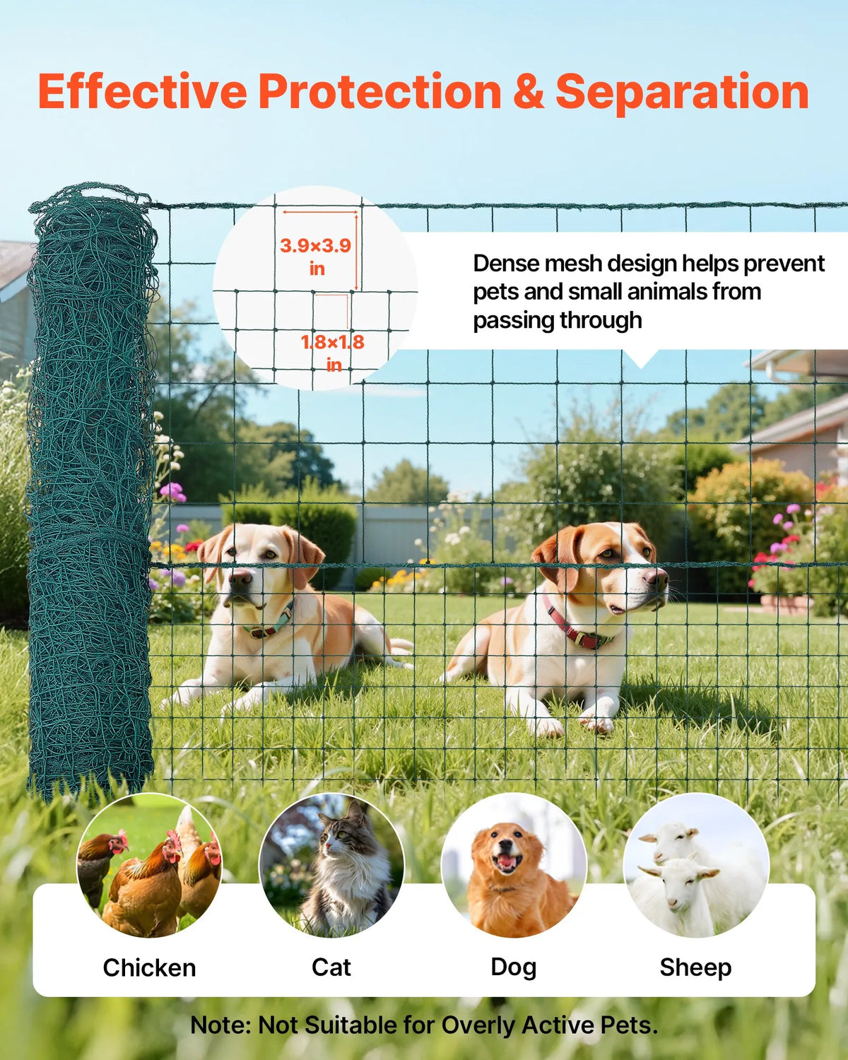 VEVOR pagaidu žogs ar stabiem, 1,05 x 25 m plastmasas sieta žogs ar dubultajiem mietiem un nostiprināšanas virvēm, piemērots suņiem, vistām, augiem un āra teritorijām - ZEMLETES.LV