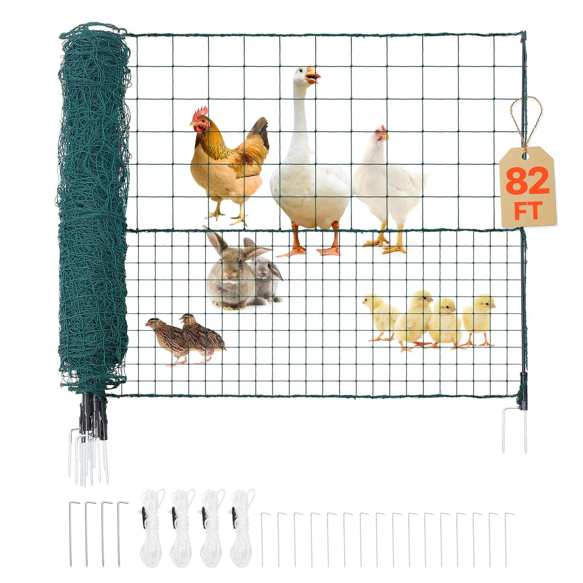 VEVOR pagaidu žogs ar stabiem, 1,25 x 25 m plastmasas sieta žogs ar dubultajiem mietiem un nostiprināšanas virvēm, piemērots suņiem, vistām, augiem un āra teritorijām - ZEMLETES.LV