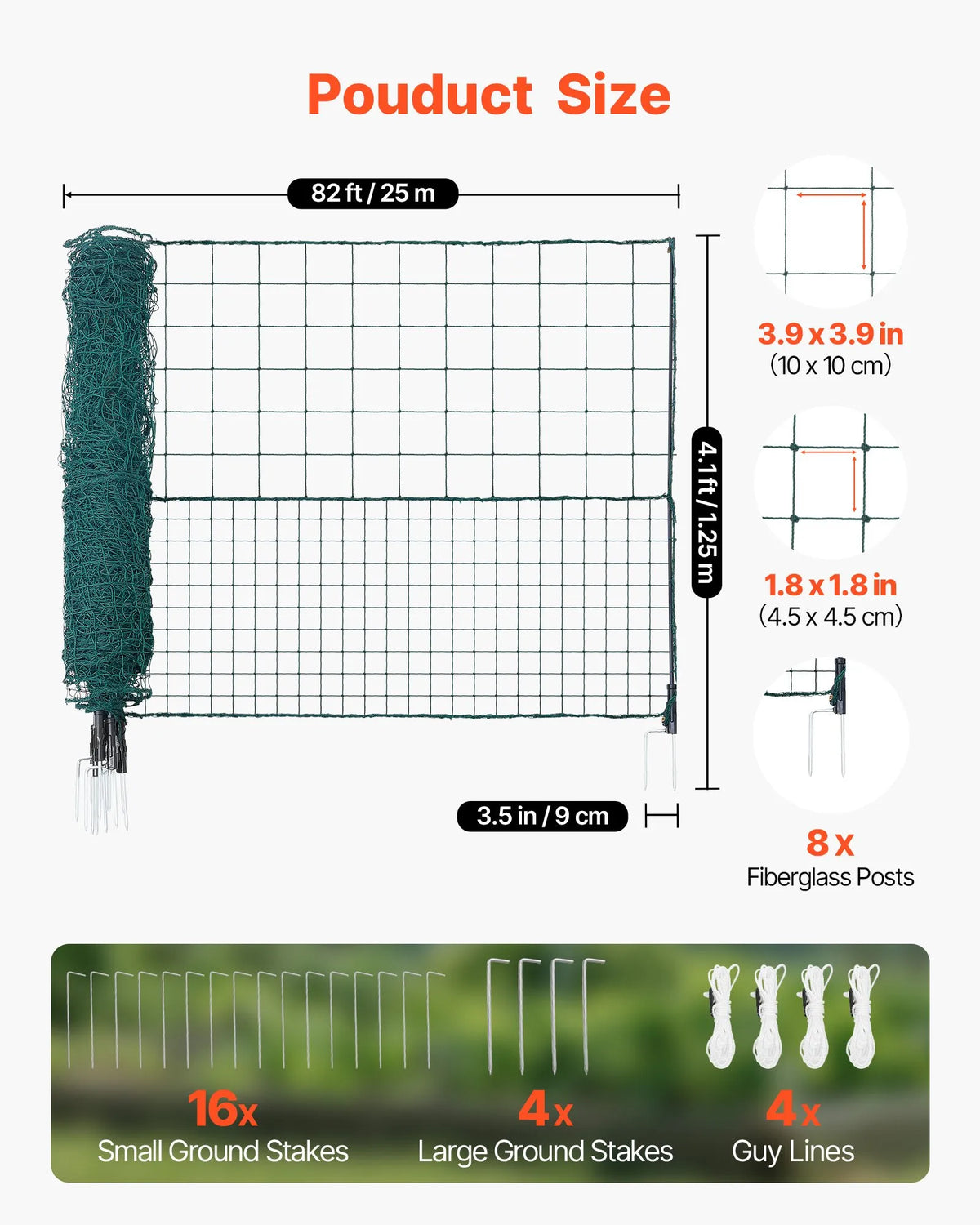 VEVOR pagaidu žogs ar stabiem, 1,25 x 25 m plastmasas sieta žogs ar dubultajiem mietiem un nostiprināšanas virvēm, piemērots suņiem, vistām, augiem un āra teritorijām - ZEMLETES.LV