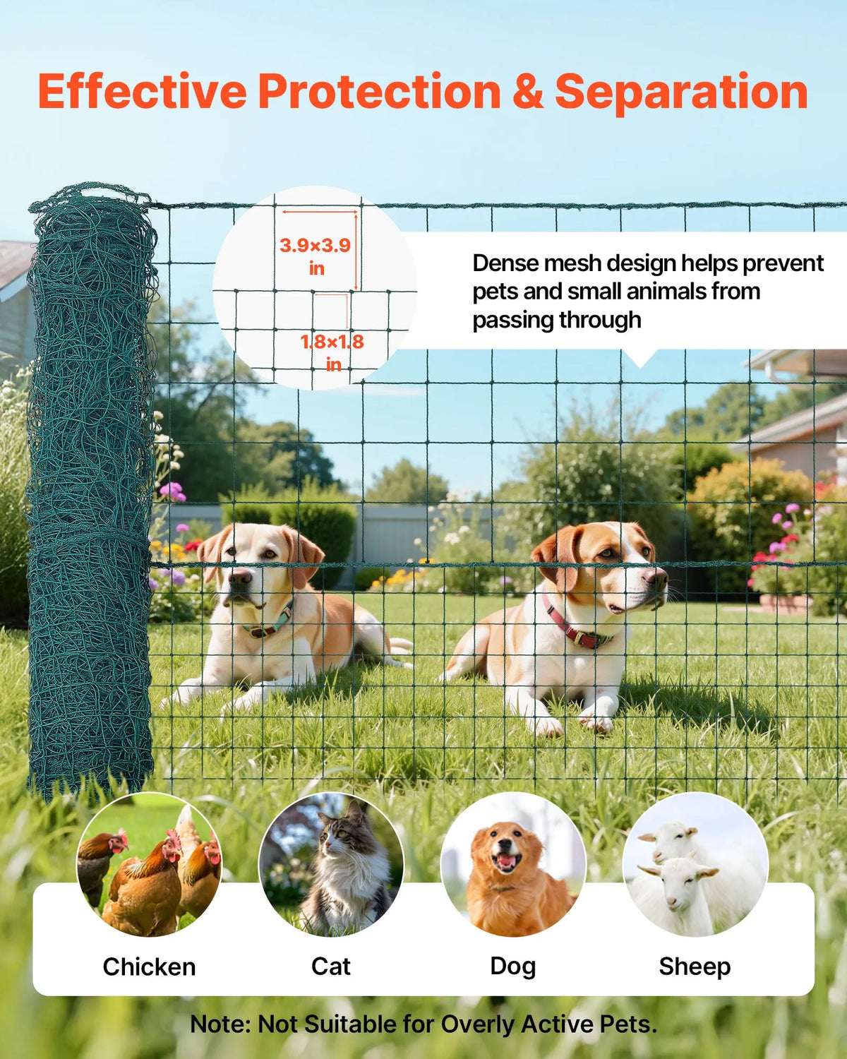 VEVOR pagaidu žogs ar stabiem, 1,25 x 25 m plastmasas sieta žogs ar dubultajiem mietiem un nostiprināšanas virvēm, piemērots suņiem, vistām, augiem un āra teritorijām - ZEMLETES.LV