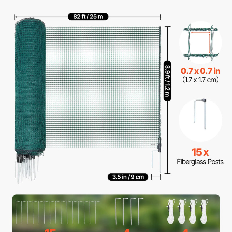 VEVOR pagaidu žogs ar stabiem, 1,2 x 25 m plastmasas sieta žogs ar dubultajiem mietiem un nostiprināšanas virvēm, piemērots suņiem, vistām, augiem un āra teritorijām - ZEMLETES.LV