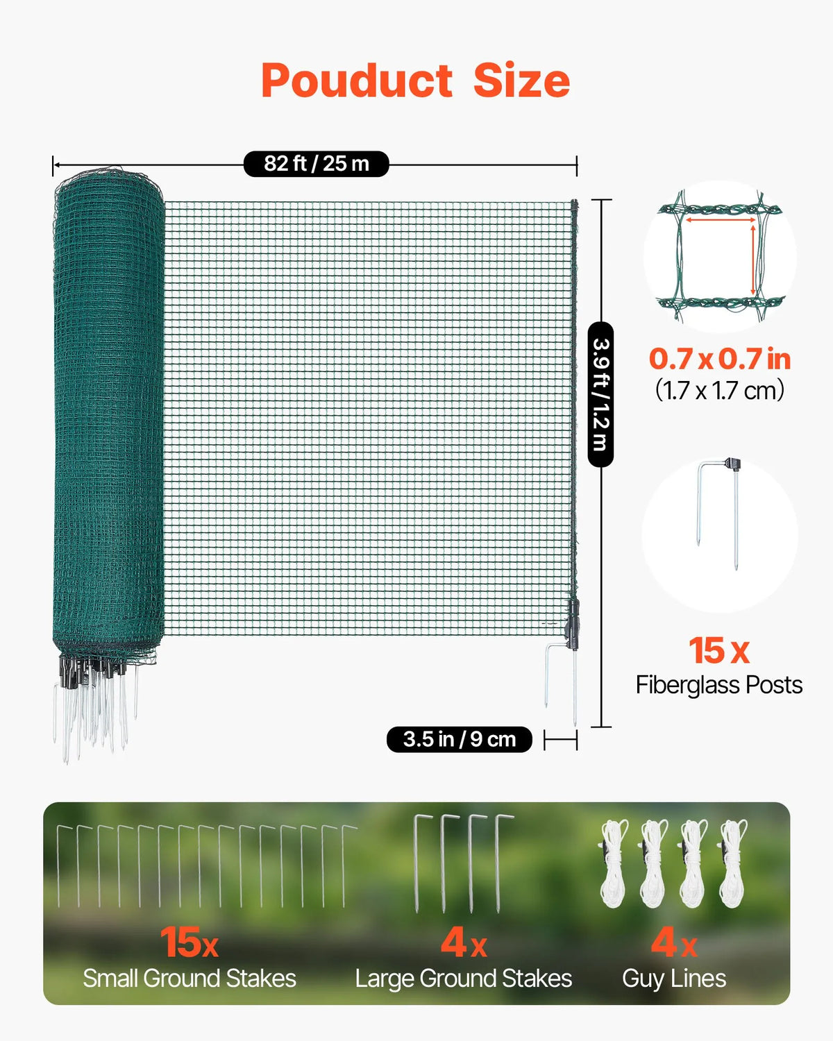 VEVOR pagaidu žogs ar stabiem, 1,2 x 25 m plastmasas sieta žogs ar dubultajiem mietiem un nostiprināšanas virvēm, piemērots suņiem, vistām, augiem un āra teritorijām - ZEMLETES.LV
