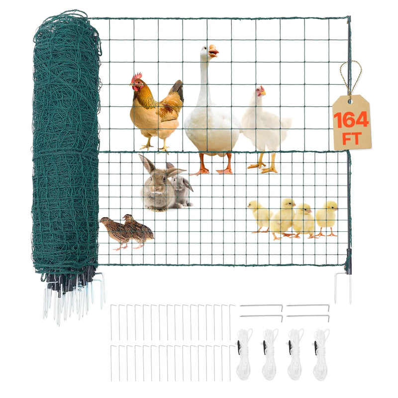 VEVOR pagaidu žogs ar stabiem, 1,05 x 50 m plastmasas sieta žogs ar dubultajiem mietiem un nostiprināšanas virvēm, piemērots suņiem, vistām, augiem un āra teritorijām - ZEMLETES.LV