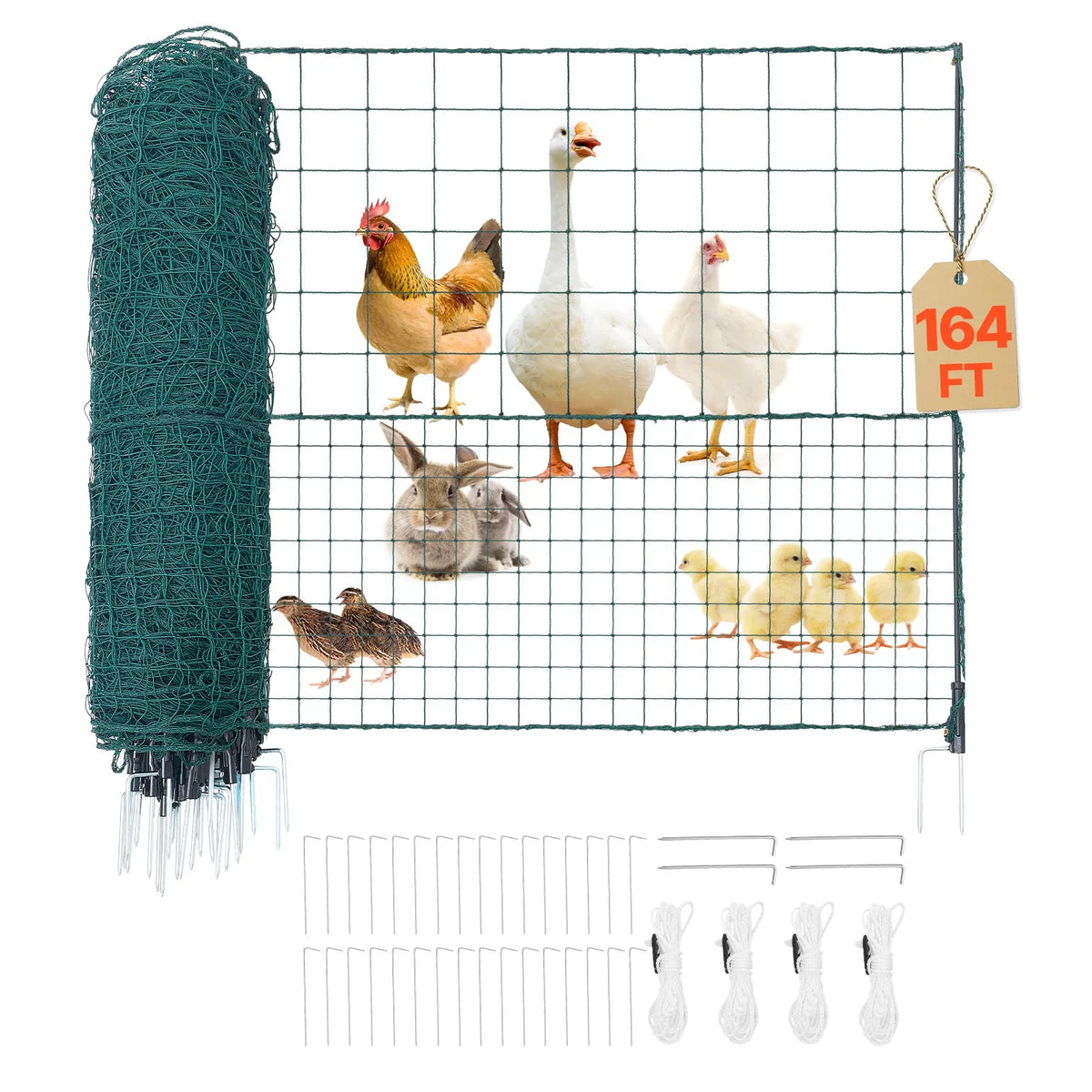 VEVOR pagaidu žogs ar stabiem, 1,05 x 50 m plastmasas sieta žogs ar dubultajiem mietiem un nostiprināšanas virvēm, piemērots suņiem, vistām, augiem un āra teritorijām - ZEMLETES.LV