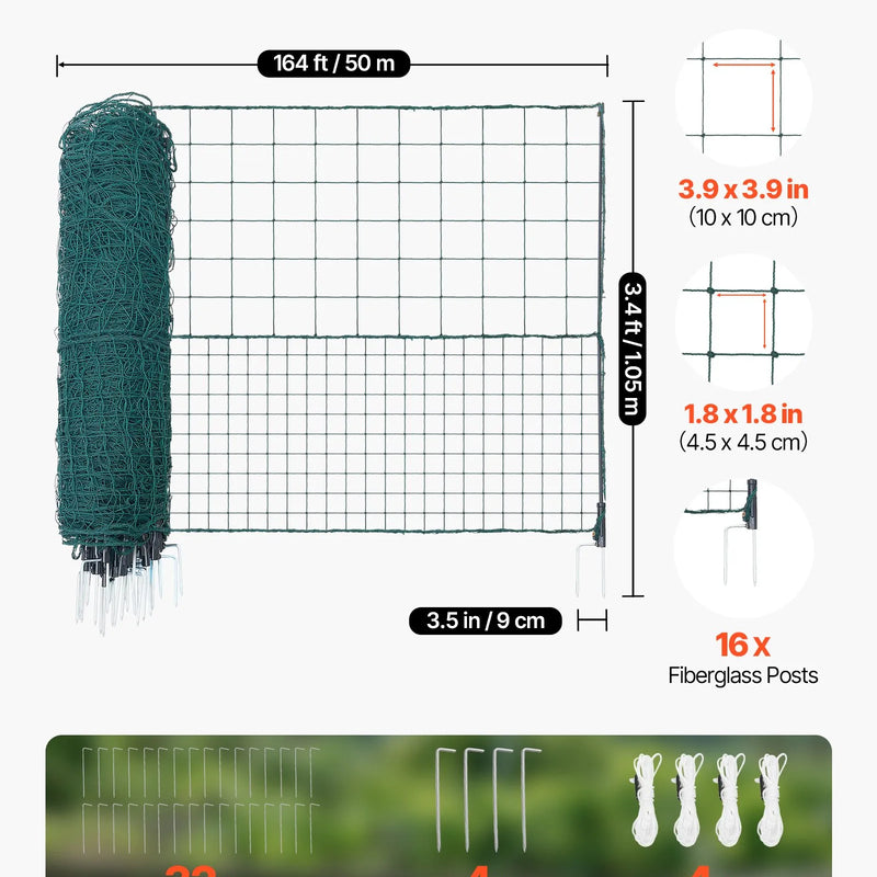 VEVOR pagaidu žogs ar stabiem, 1,05 x 50 m plastmasas sieta žogs ar dubultajiem mietiem un nostiprināšanas virvēm, piemērots suņiem, vistām, augiem un āra teritorijām - ZEMLETES.LV