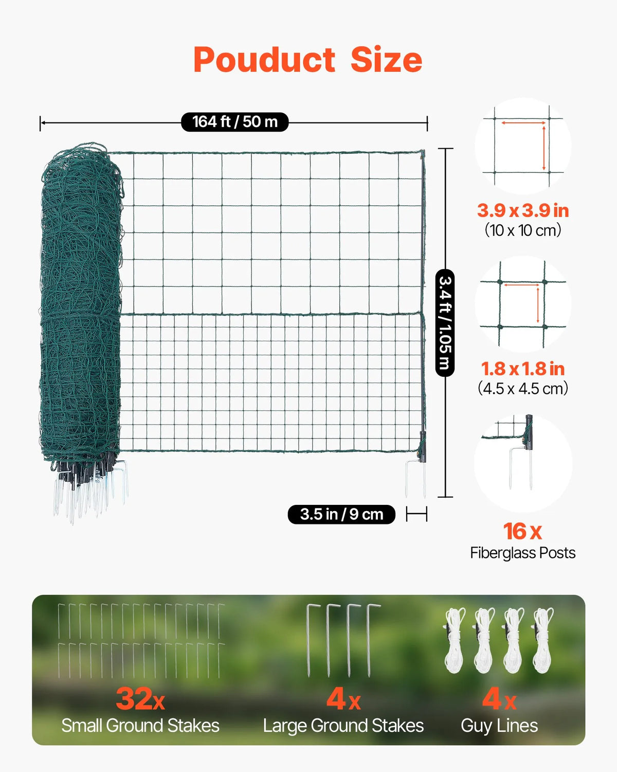 VEVOR pagaidu žogs ar stabiem, 1,05 x 50 m plastmasas sieta žogs ar dubultajiem mietiem un nostiprināšanas virvēm, piemērots suņiem, vistām, augiem un āra teritorijām - ZEMLETES.LV