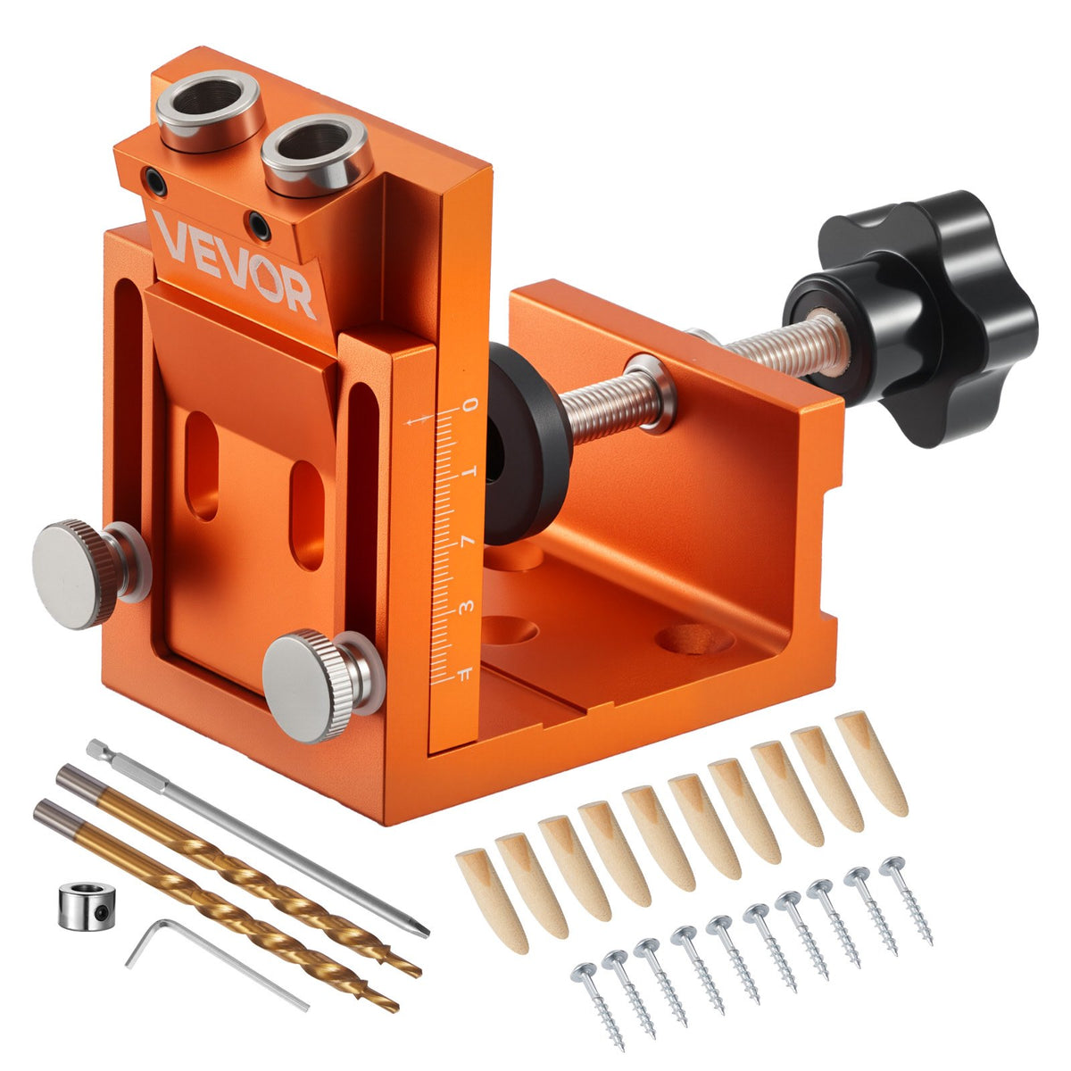VEVOR Pocket Hole Jig Kit, Adjustable 12–48 mm, Pocket Hole System with Step Drill, Hex Key, Drill Depth Ring, Square Bit, Plugs and Screws, Reinforced Metal Frame for Woodworking
