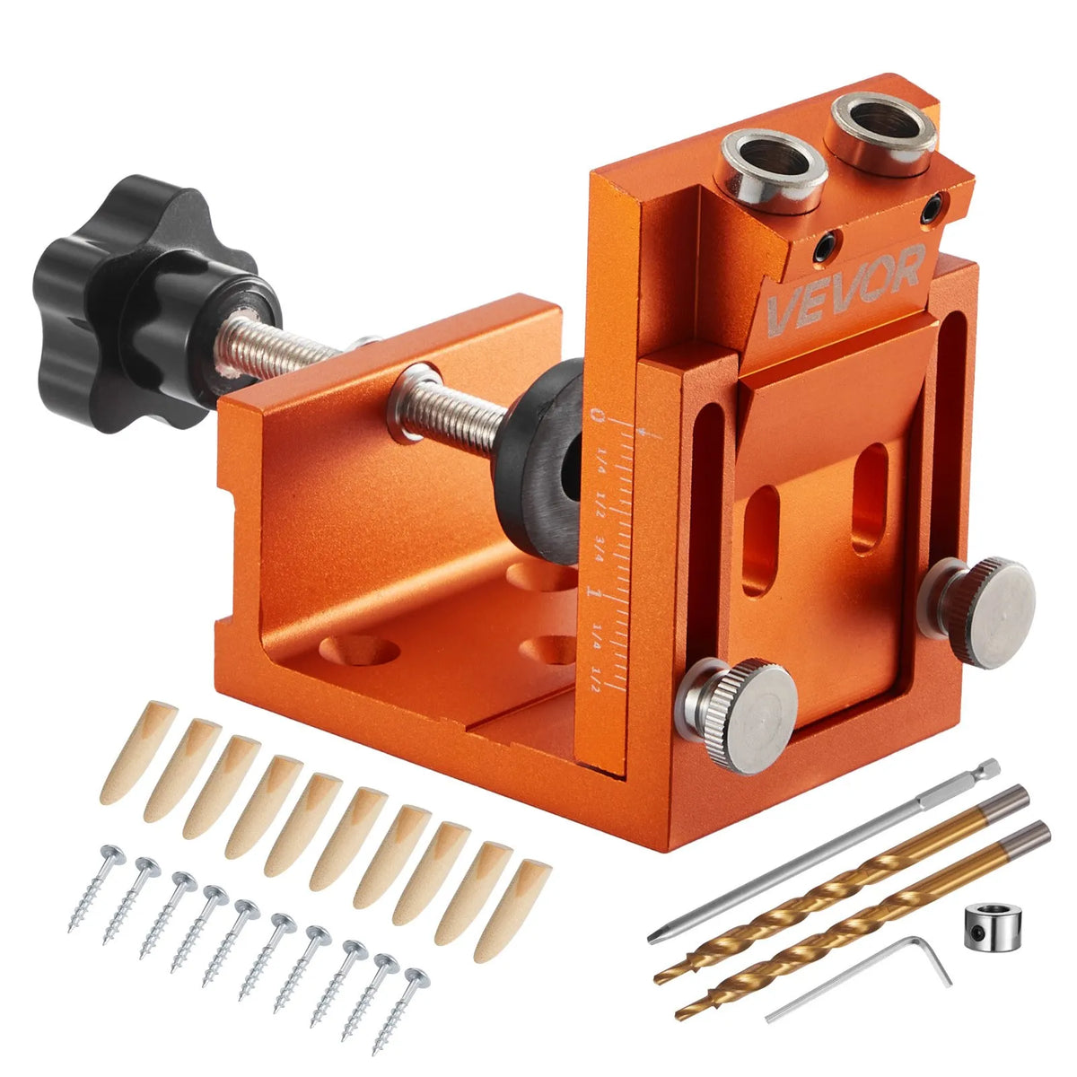 VEVOR Pocket Hole Jig Kit, Adjustable 12–48 mm, Pocket Hole System with Step Drill, Hex Key, Drill Depth Ring, Square Bit, Plugs and Screws, Reinforced Metal Frame for Woodworking