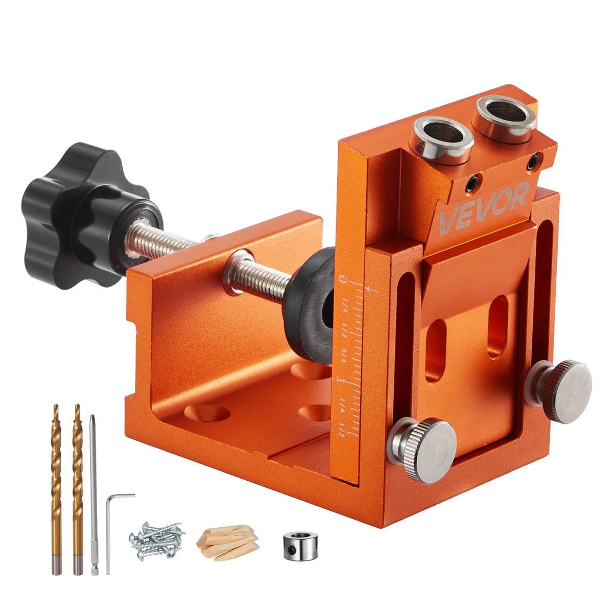 VEVOR Pocket Hole Jig Kit, Adjustable 12–48 mm, Pocket Hole System with Step Drill, Hex Key, Drill Depth Ring, Square Bit, Plugs and Screws, Reinforced Metal Frame for Woodworking