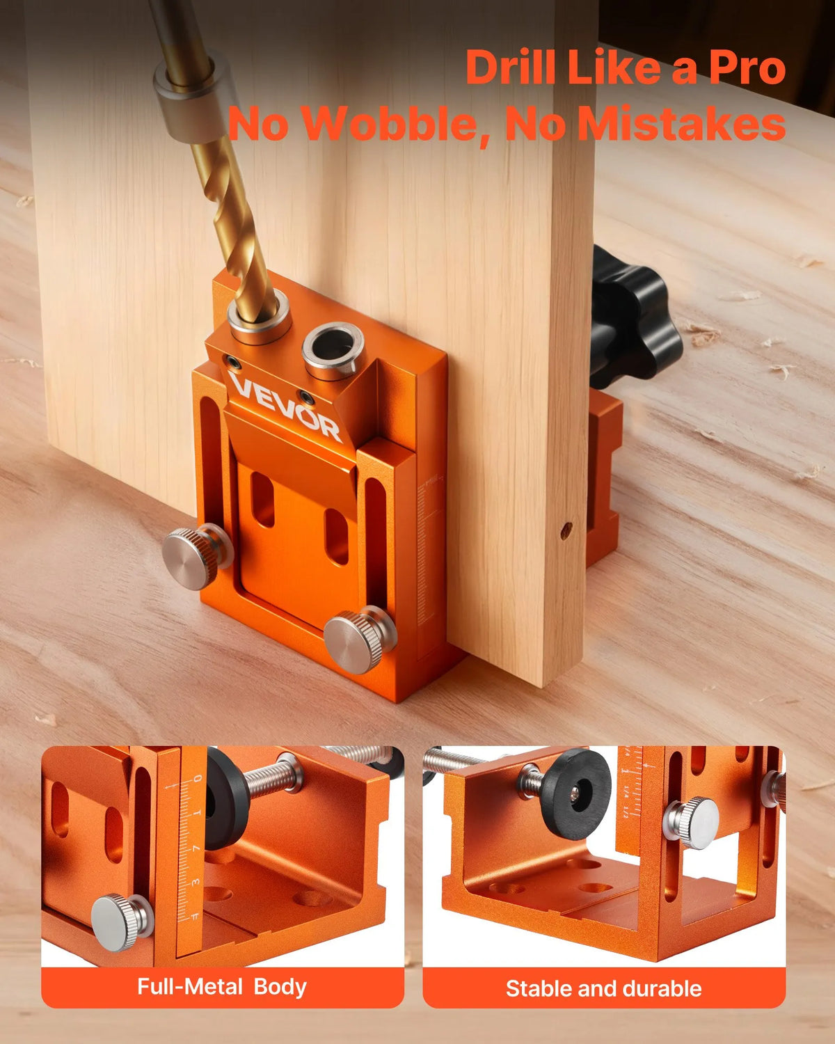 VEVOR Pocket Hole Jig Kit, Adjustable 12–48 mm, Pocket Hole System with Step Drill, Hex Key, Drill Depth Ring, Square Bit, Plugs and Screws, Reinforced Metal Frame for Woodworking