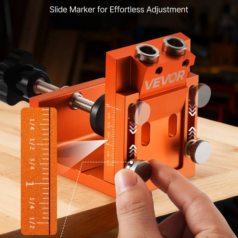 VEVOR kabatas savienojumu urbšanas šablona komplekts, regulējams 12–48 mm, pocket hole sistēma ar pakāpju urbi, sešstūra atslēgu, urbja dziļuma gredzenu, kvadrātveida uzgali, aizbāžņiem un skrūvēm, pastiprināts metāla rāmis kokapstrādei