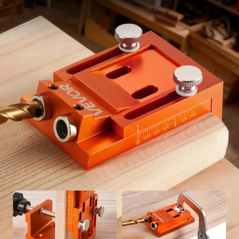 VEVOR kabatas savienojumu urbšanas šablona komplekts, regulējams 12–48 mm, pocket hole sistēma ar pakāpju urbi, sešstūra atslēgu, urbja dziļuma gredzenu, kvadrātveida uzgali, aizbāžņiem un skrūvēm, pastiprināts metāla rāmis kokapstrādei