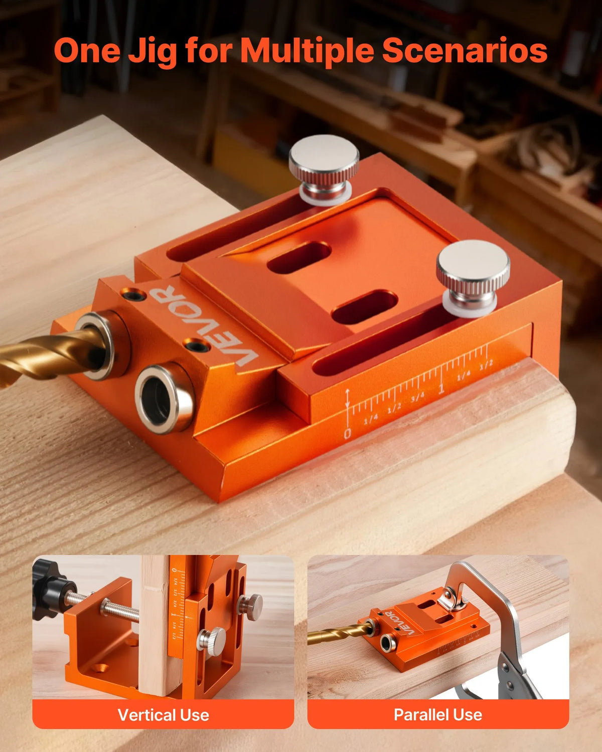 VEVOR Pocket Hole Jig Kit, Adjustable 12–48 mm, Pocket Hole System with Step Drill, Hex Key, Drill Depth Ring, Square Bit, Plugs and Screws, Reinforced Metal Frame for Woodworking