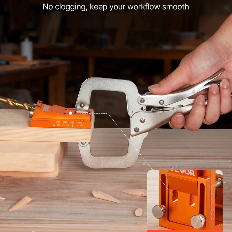 VEVOR kabatas savienojumu urbšanas šablona komplekts, regulējams 12–48 mm, pocket hole sistēma ar pakāpju urbi, sešstūra atslēgu, urbja dziļuma gredzenu, kvadrātveida uzgali, aizbāžņiem un skrūvēm, pastiprināts metāla rāmis kokapstrādei