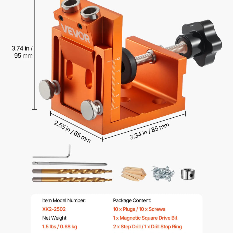 VEVOR kabatas savienojumu urbšanas šablona komplekts, regulējams 12–48 mm, pocket hole sistēma ar pakāpju urbi, sešstūra atslēgu, urbja dziļuma gredzenu, kvadrātveida uzgali, aizbāžņiem un skrūvēm, pastiprināts metāla rāmis kokapstrādei