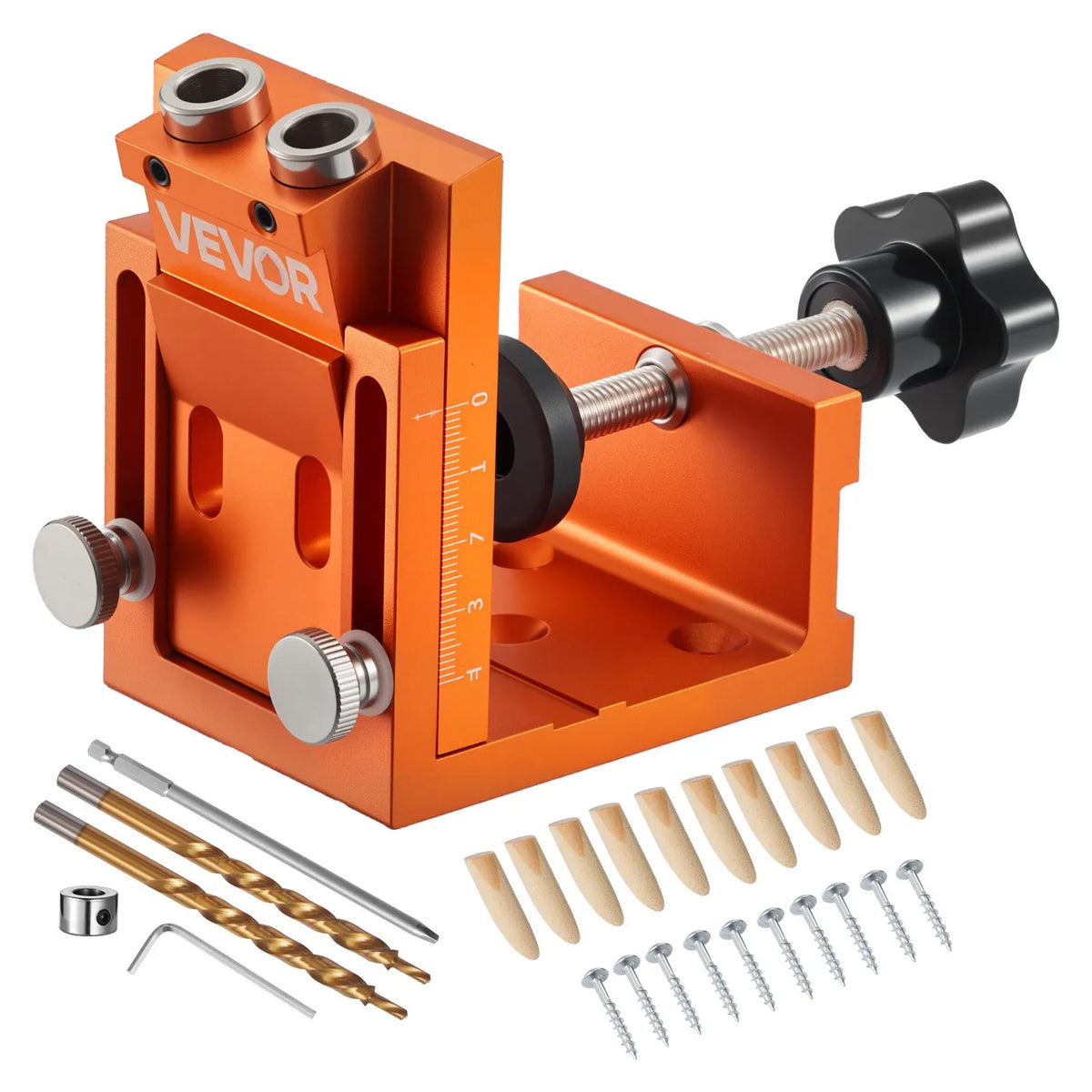 VEVOR Pocket Hole Jig Kit, Adjustable 12–48 mm, Pocket Hole System with Step Drill, Hex Key, Drill Depth Ring, Square Bit, Plugs and Screws, Reinforced Metal Frame for Woodworking