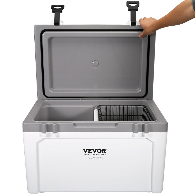 49L VEVOR termoizolēts pārnēsājams dzesētājs, ietilpība 50 bundžām, ledus noturība līdz 6 dienām, izturīgs cietais dzesētājs ar rokturi, piemērots kempingam, pludmalei, piknikam, ceļojumiem un āra aktivitātēm