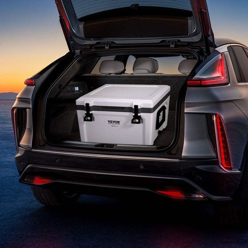 49L VEVOR termoizolēts pārnēsājams dzesētājs, ietilpība 50 bundžām, ledus noturība līdz 6 dienām, izturīgs cietais dzesētājs ar rokturi, piemērots kempingam, pludmalei, piknikam, ceļojumiem un āra aktivitātēm