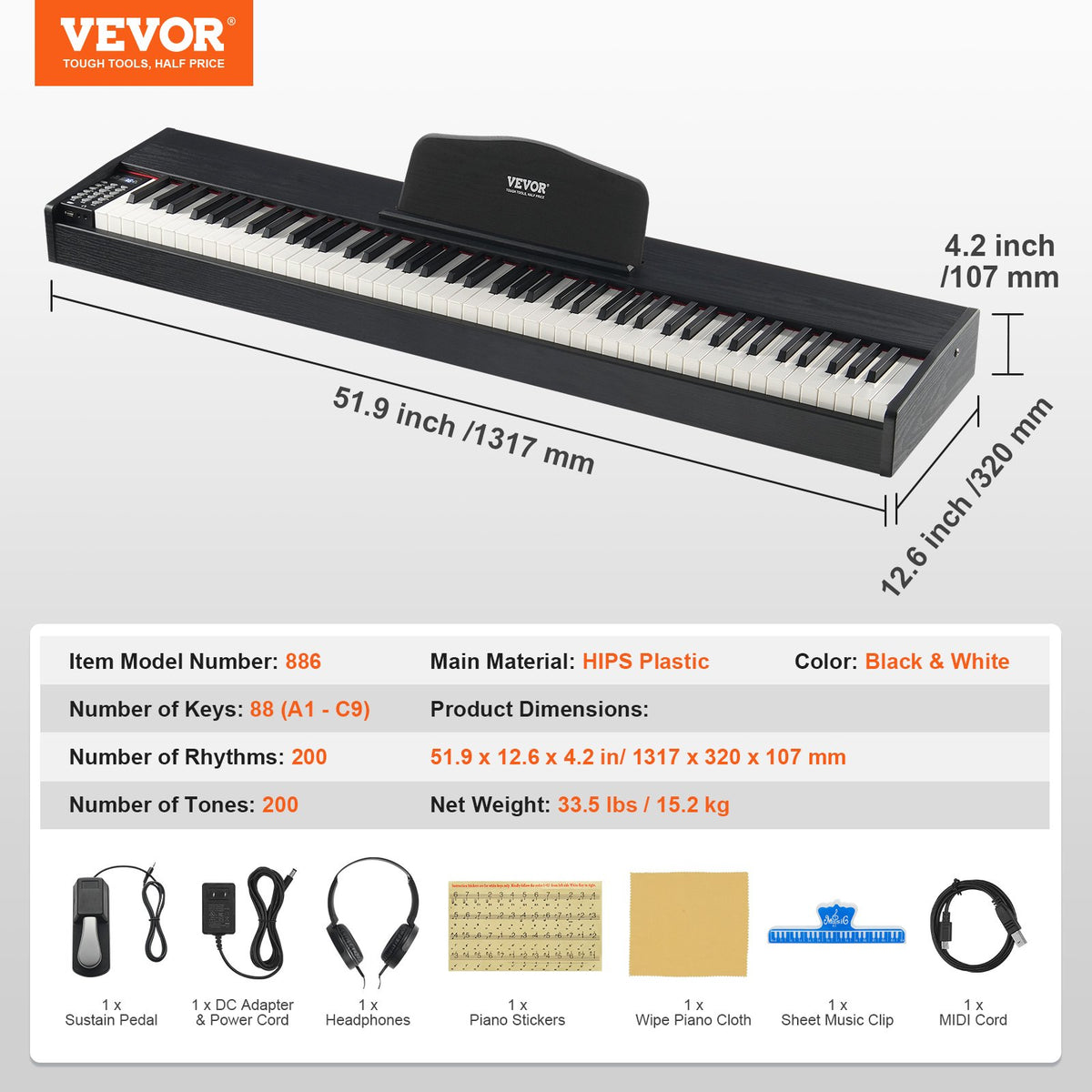 VEVOR digitālās klavieres 88 pilna svarojuma taustiņi ar dubulto režīmu, skaļruņiem un pedāli