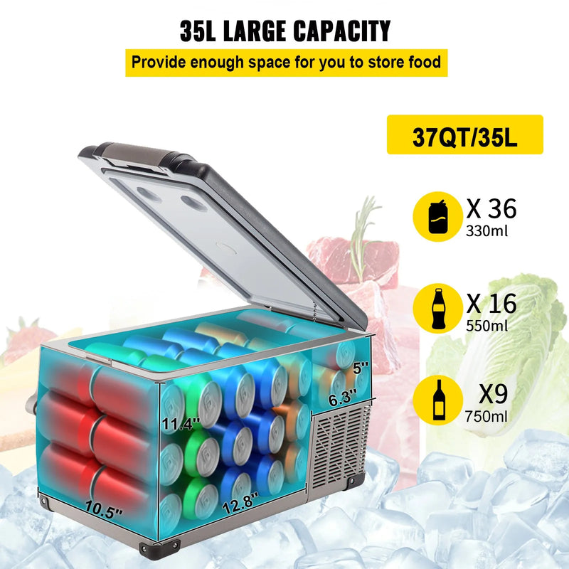 35L VEVOR automašīnas ledusskapis/saldētava, ideāls risinājums automašīnām, kravas automašīnām, treileriem, laivām, kā arī lietošanai mājās vai āra aktivitātēs, piemēram, ceļojumos, makšķerēšanā un kempingā.