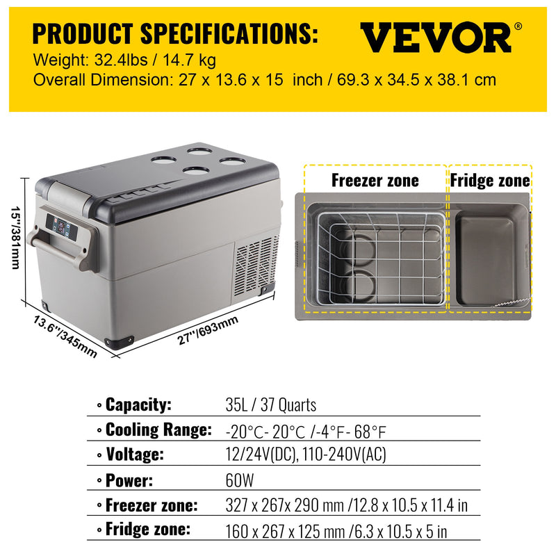 VEVOR automašīnas ledusskapis/saldētava 35L, ideāls risinājums automašīnām, kravas automašīnām, treileriem, laivām, kā arī lietošanai mājās vai āra aktivitātēs, piemēram, ceļojumos, makšķerēšanā un kempingā.