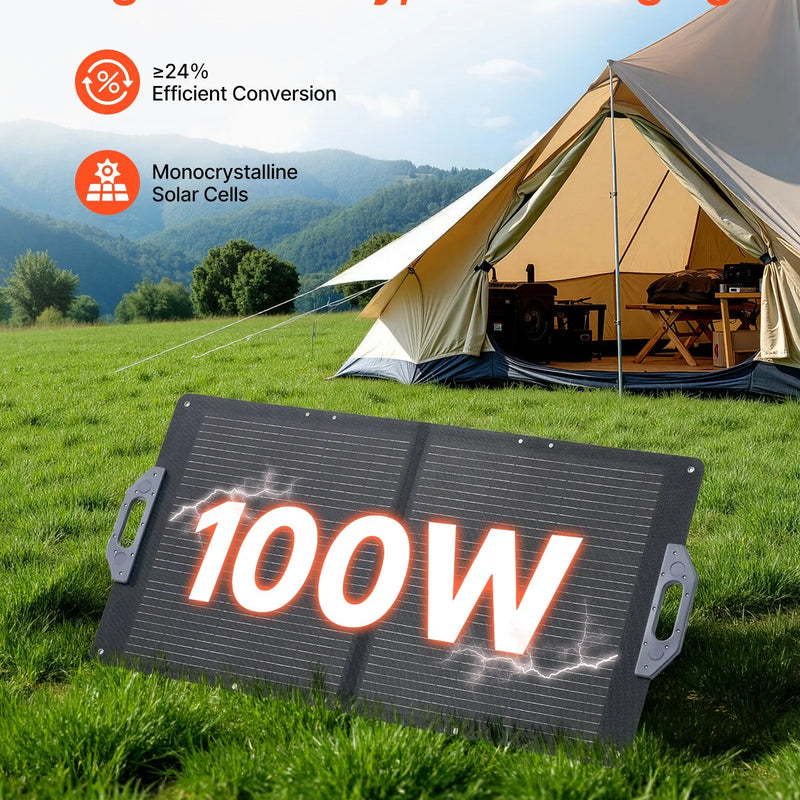 VEVOR 100 W salokāms saules panelis, augstas efektivitātes monokristālisks pārnēsājams lādētājs ar MC4, USB-A, USB-C un DC pieslēgvietām, IP65 ūdensizturīgs, paredzēts elektrostacijām, kempingam un pārgājieniem