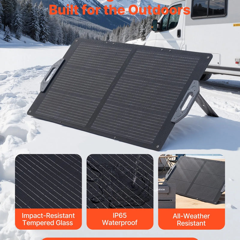 VEVOR 100 W salokāms saules panelis, augstas efektivitātes monokristālisks pārnēsājams lādētājs ar MC4, USB-A, USB-C un DC pieslēgvietām, IP65 ūdensizturīgs, paredzēts elektrostacijām, kempingam un pārgājieniem