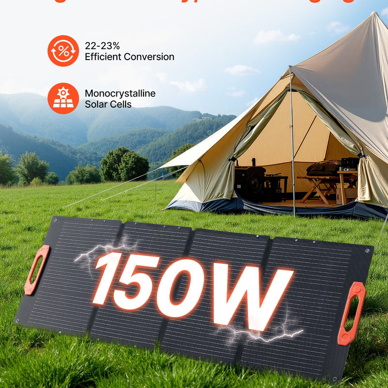 VEVOR salokāms monokristāliskais saules panelis 150 W ar 23 % efektivitāti, pārnēsājams ETFE saules paneļa lādētājs ar MC4 izeju, Type-C, QC3.0 USB un DC pieslēgvietām, IP67 ūdensizturīgs, paredzēts elektroenerģijas stacijām, kempingam un pārgājieniem