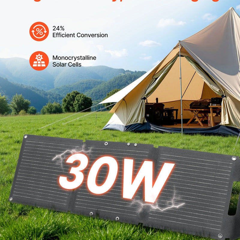 VEVOR 30 W salokāms saules paneļu lādētājs, 16BB N-tipa monokristālisks saules panelis ar 24 % efektivitāti, īpaši viegls un pārnēsājams, ar USB-A, USB-A (QC 3.0) un USB-C pieslēgvietām kempingam, pārgājieniem, tālruņiem un planšetēm