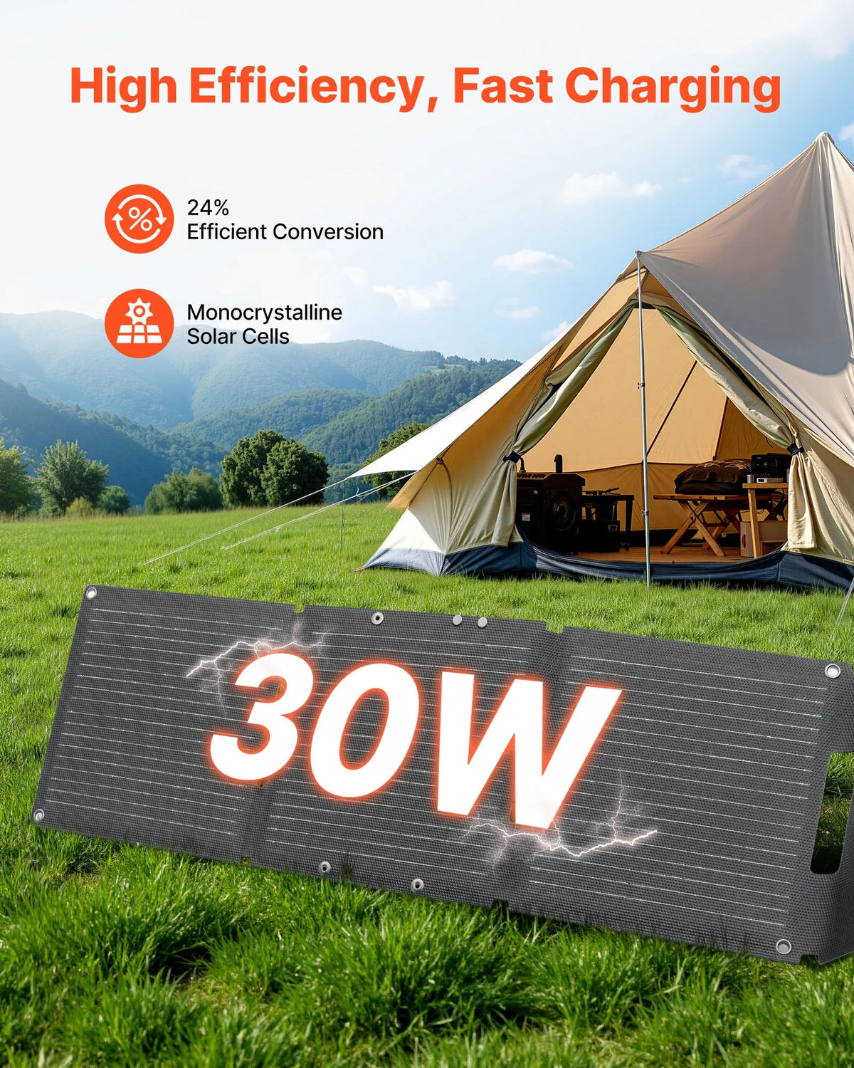VEVOR Saules panelis 30W salokāms — USB-A/USB-C