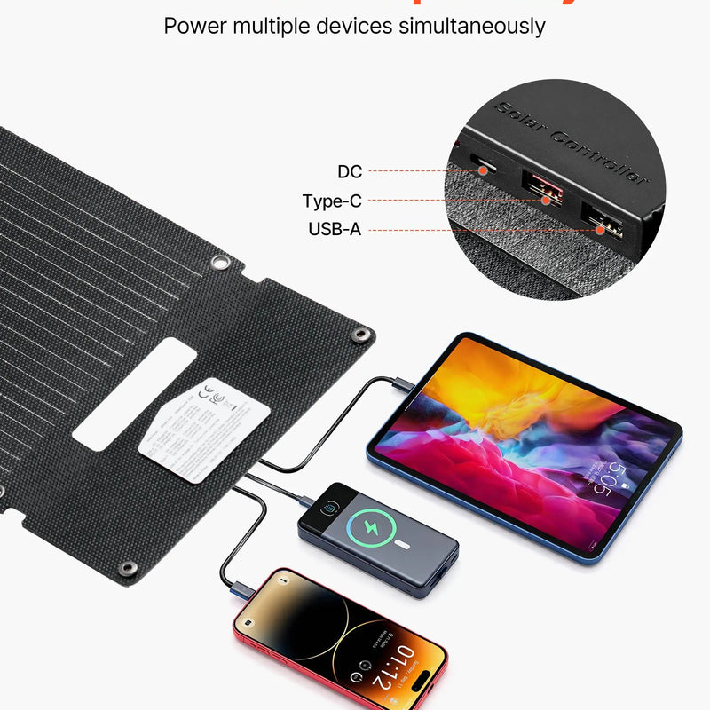 VEVOR 30 W salokāms saules paneļu lādētājs, 16BB N-tipa monokristālisks saules panelis ar 24 % efektivitāti, īpaši viegls un pārnēsājams, ar USB-A, USB-A (QC 3.0) un USB-C pieslēgvietām kempingam, pārgājieniem, tālruņiem un planšetēm