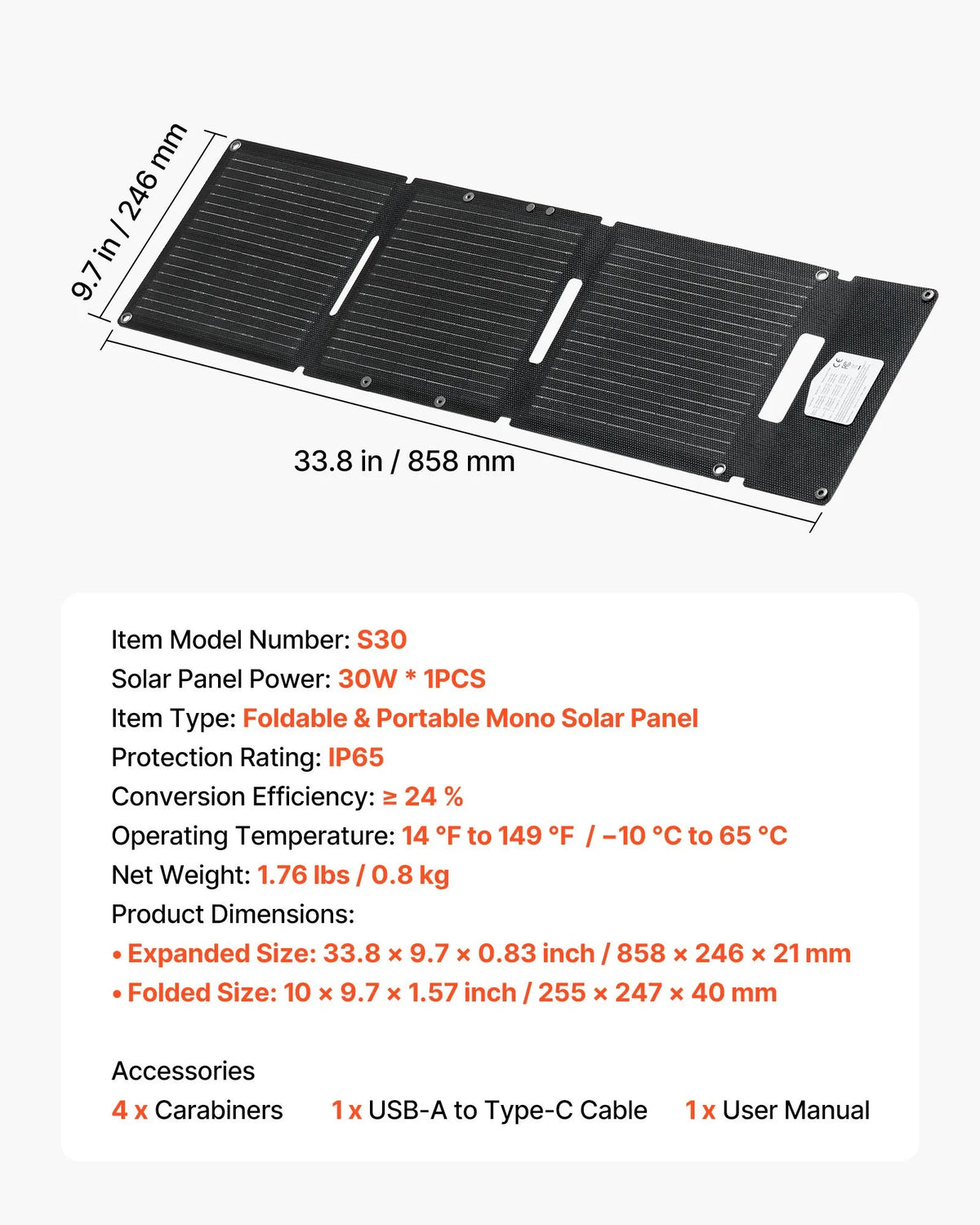 VEVOR Saules panelis 30W salokāms — USB-A/USB-C