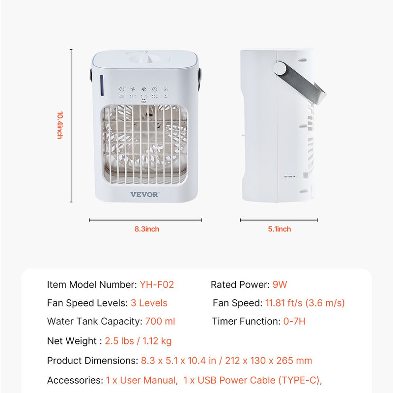 VEVOR portatīvais gaisa kondicionieris 4-in-1 iztvaikošanas gaisa dzesētājs ar 700 ml ūdens tvertni