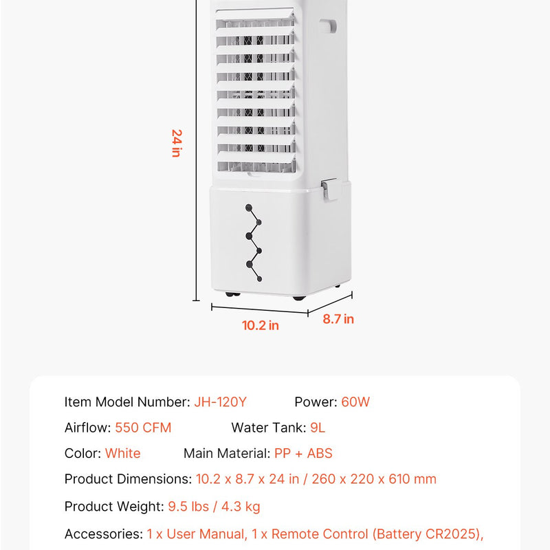 VEVOR iztvaikošanas gaisa dzesētājs 9L, 550 CFM, ar 2 ledus kastēm