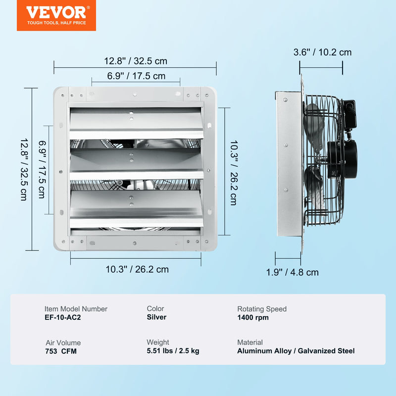 VEVOR žalūziju izplūdes ventilators, sienas montāžas, 254 mm, 1280 m³/h, AC motors
