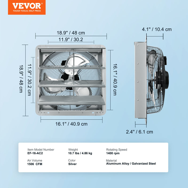 VEVOR žalūziju izplūdes ventilaatorid - 406 mm sienas stiprināms darbnīcas ventilaatorid, 1506 CFM, AC