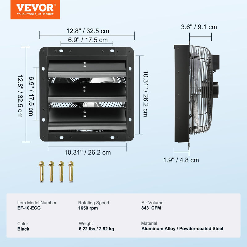 VEVOR Aizvaru Izplūdes Ventilators, Veikala Izplūdes Ventilators 254mm Ar Tālvadības Kontroli, Sienā Uzstādāms EC